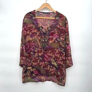 Notations Blouse Embroidered Floral Paisley Sheer Boho Chic Maximal Size XL